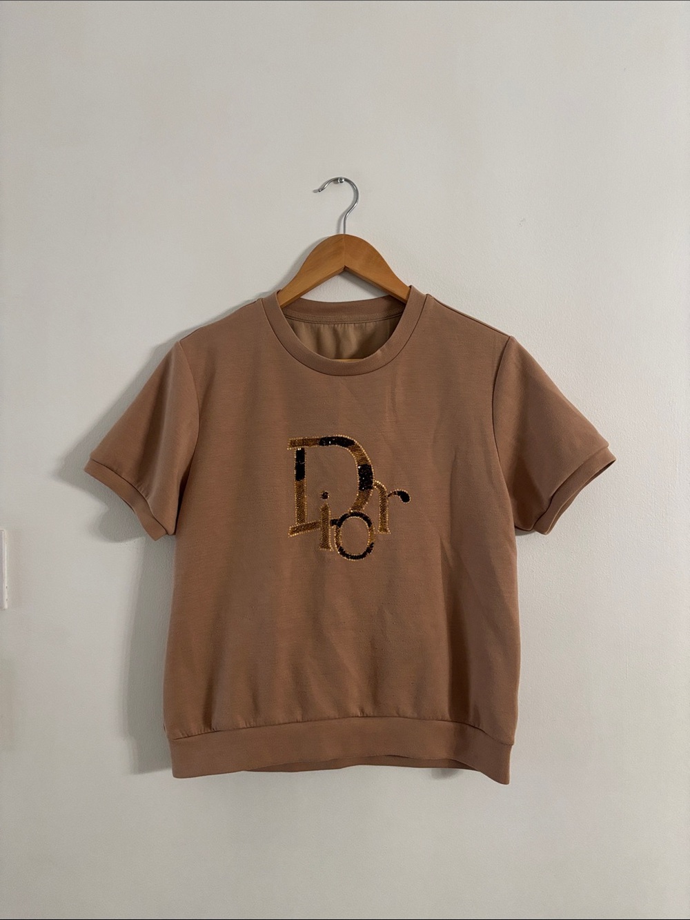 Sequin Logo Short Sleeve Tee in Taupe